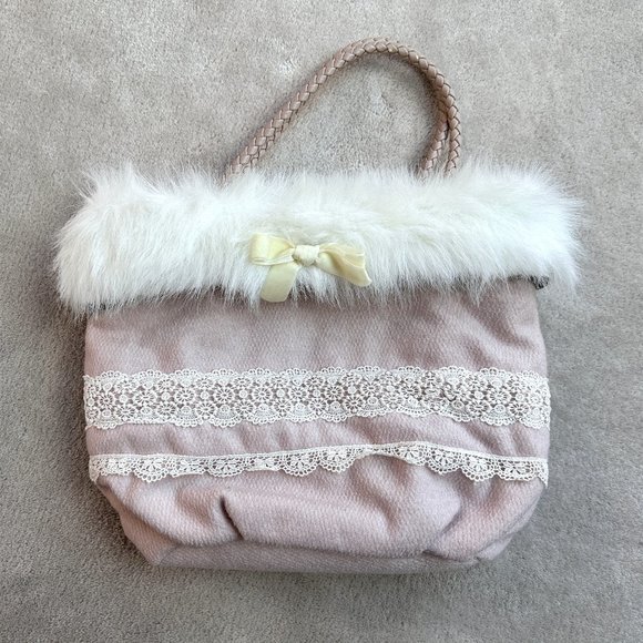 Handbags - Cute Bow Fabric Bag with Lace and Faux Fur Detail
